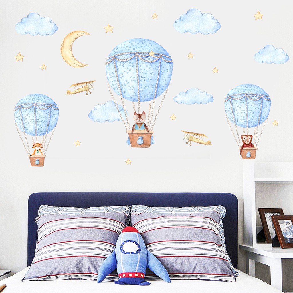 RELIZA WALL STICKER / STIKER DINDING BALON UDARA BIRU AWAN ANAK KIDS ANGKASA BULAN BINTANG JM7343