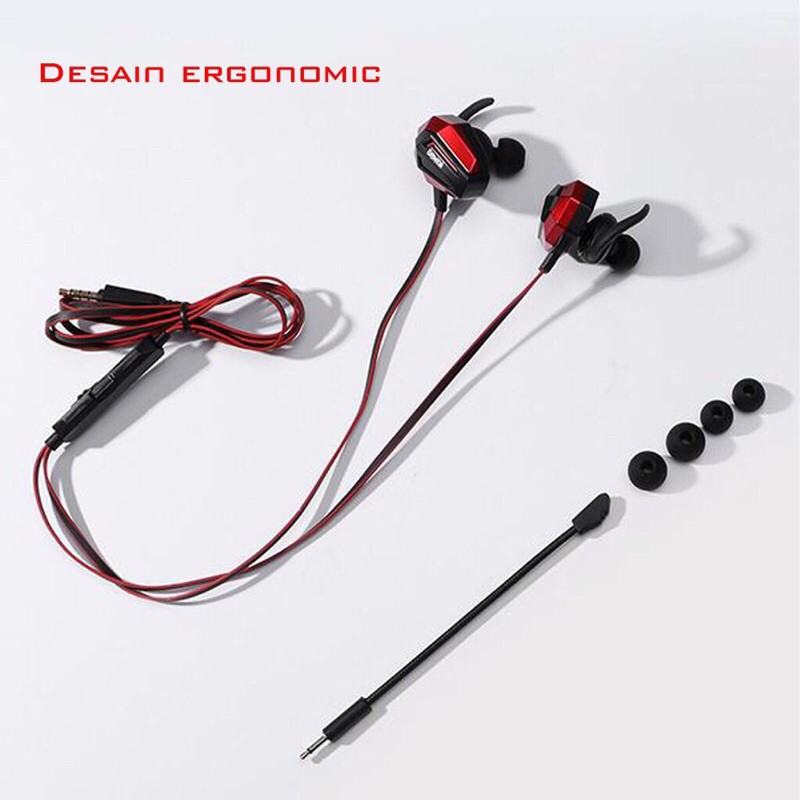 GAMEN GE100 Dual Microphone Virtual Stereo Surround Sound In-ear Gaming Headset Black Red-Garansi