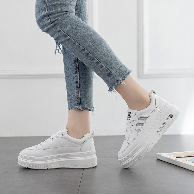 【CUCI GUDANG】 Sepatu Sneakers Wanita Model Korea Sol Tebal Breathable Warna Putih untuk Pelajar Increase 5cm