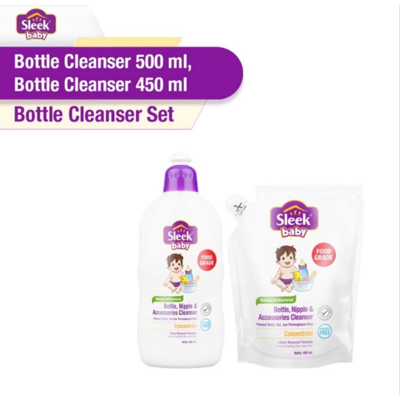 Sleek Baby Bottle Nipple &amp; Accessories Cleanser 500ml + 450ml Set.