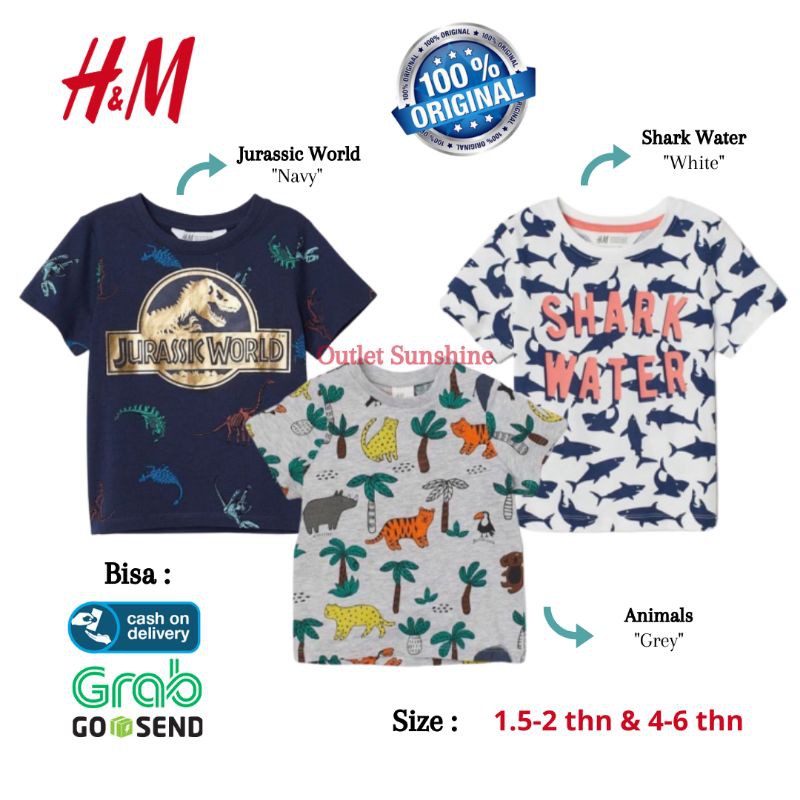 Baju Kaos HnM Anak Laki Laki Dino Shark Animals - Atasan HM Tee Boys
