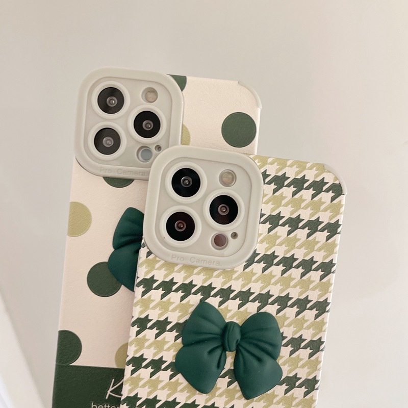 Dark Green Bow-knot Houndstooth Dots Case Hp OPPO A3S A31 F11 A5 A9 A53 A33 F9 A7 A5S A12 A11K A52 A92 A72 K3 K5 C1 Reno 3 2F 5 6 7 Pro A83 Realme XT VIVO Y93 Y91C Y50 Y20 Y12S Y11 Y12 Y15 Y17 Y30 Y30i Xiaomi Redmi Note 8 Pro 9T Women's Casing