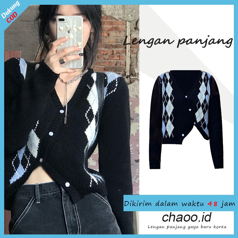 korean style sweater crop Retro Knit cardigan lengan panjang wanita