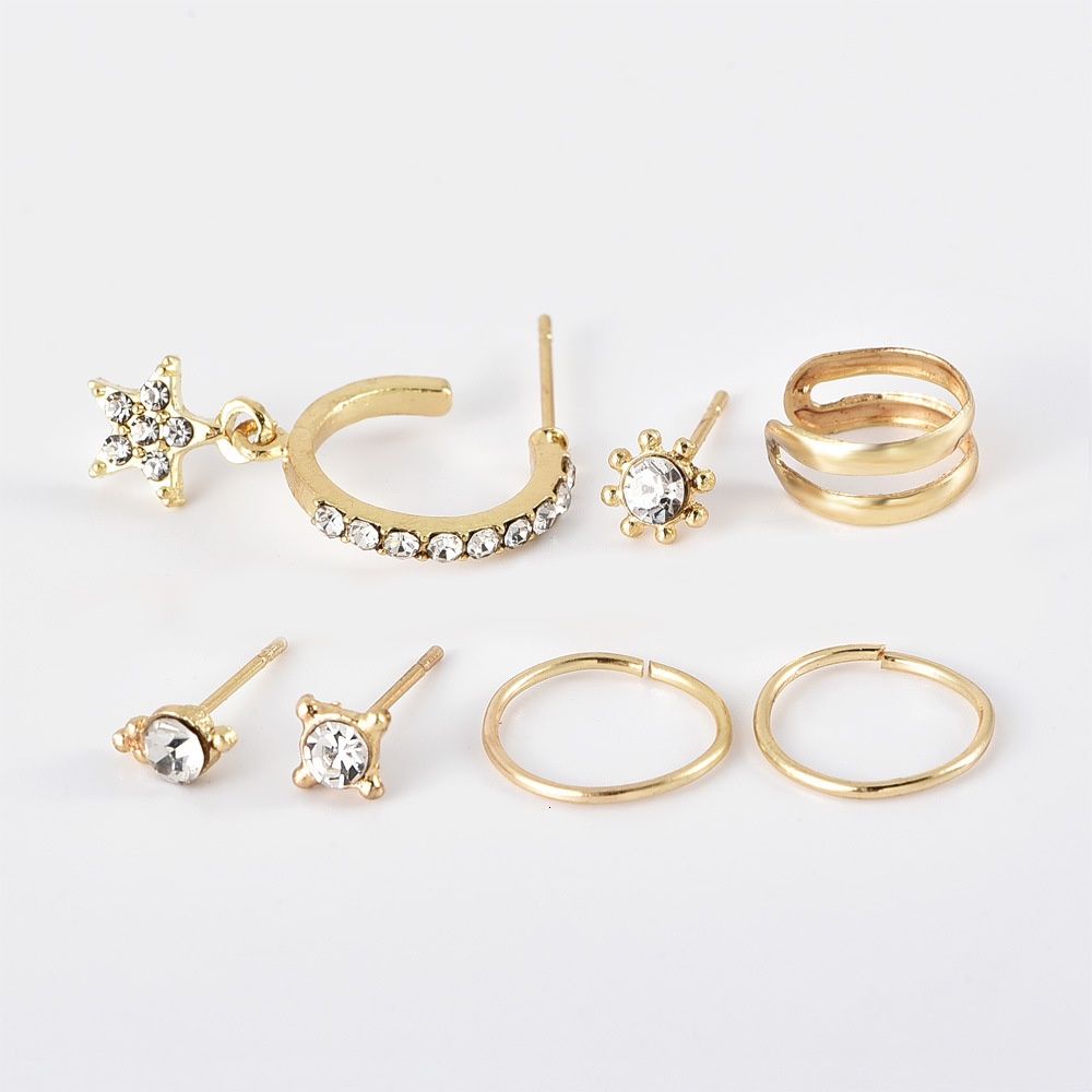 Set Anting-Anting Sederhana Mini Lingkaran Perak Cross Piercing Anting-Anting Bintang Manset Bungkus Emas Kupu-kupu Stud Anting-Anting Kristal Bulat Klip Manset Telinga Unisex Punk Perhiasan