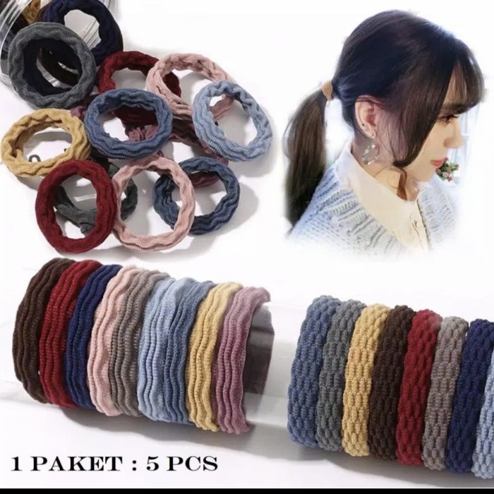 IK05 Ikat Rambut Korea SET ISI 5 PC Karet Multicolor Gelombang Aksesoris Rambut Wanita