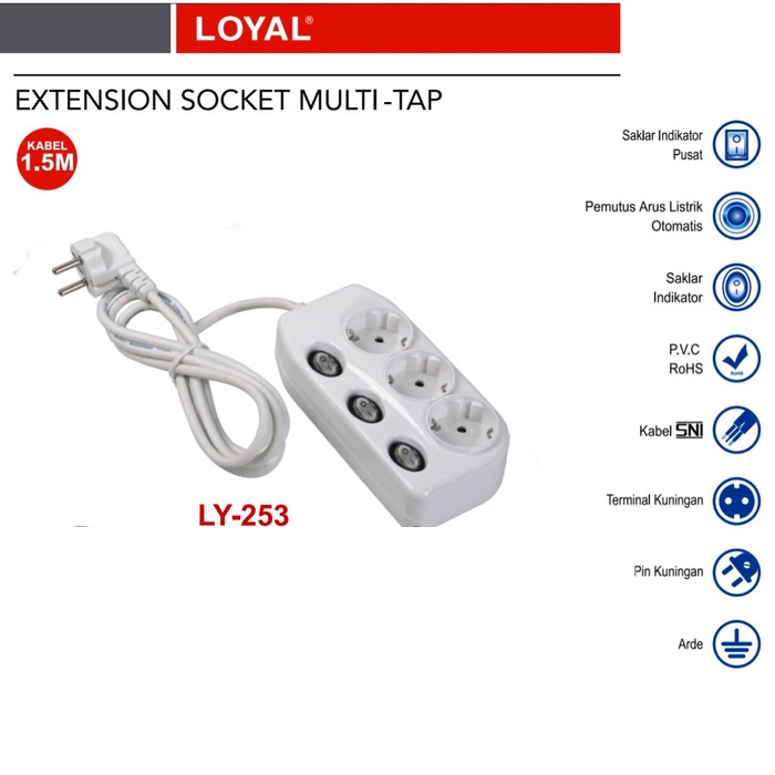 Loyal Stop Kontak Multitap LY 253 SNI  3 Lubang plus Saklar dan kabel 1.5 M