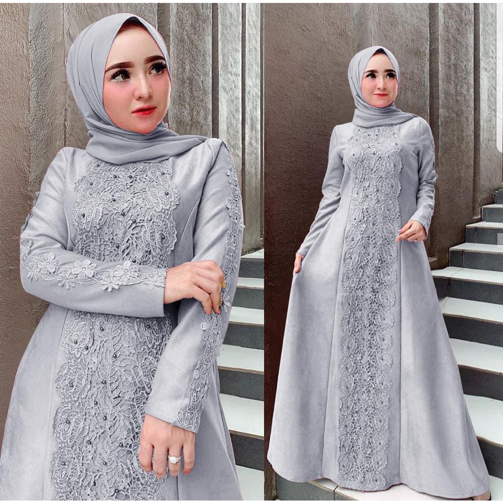 XC - Dress Brokat Linken / Dress Maxi Jumken / Fashion Muslim Model Brukat Idul Fitri-Abu