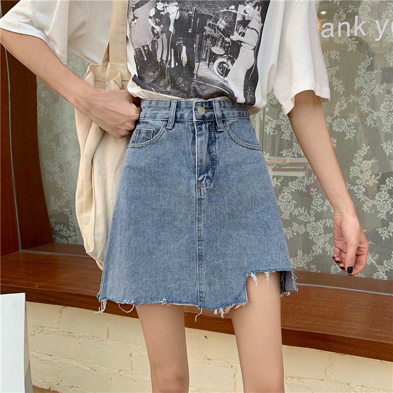 Rok Denim A-line Pinggang Tinggi Baru