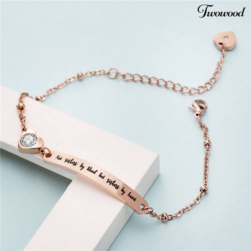 Twowood Letter Print Adjustable Women Bracelet Titanium Steel Curved Plate Heart-shaped Dangle Bracelet Jewelry Accessory