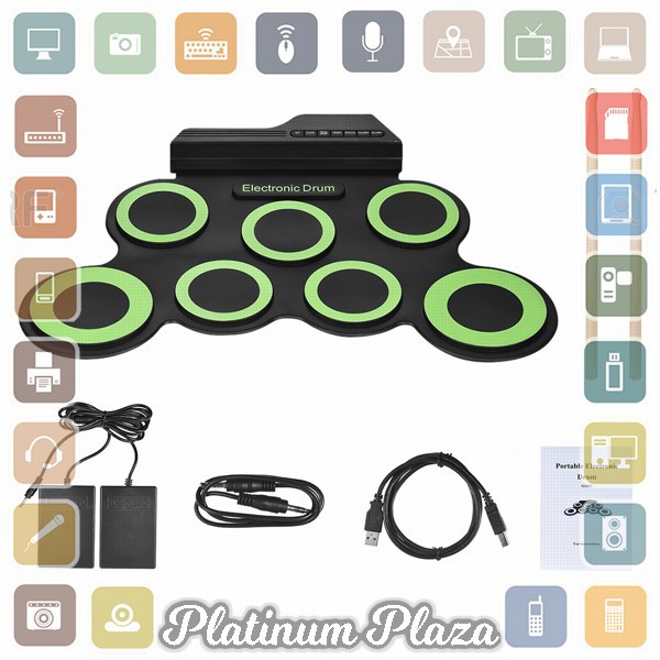 Ammoon Electronic Digital Drum Kit 7 Pads Roll Up USB Power - G3002 - Green`11Z7TP-