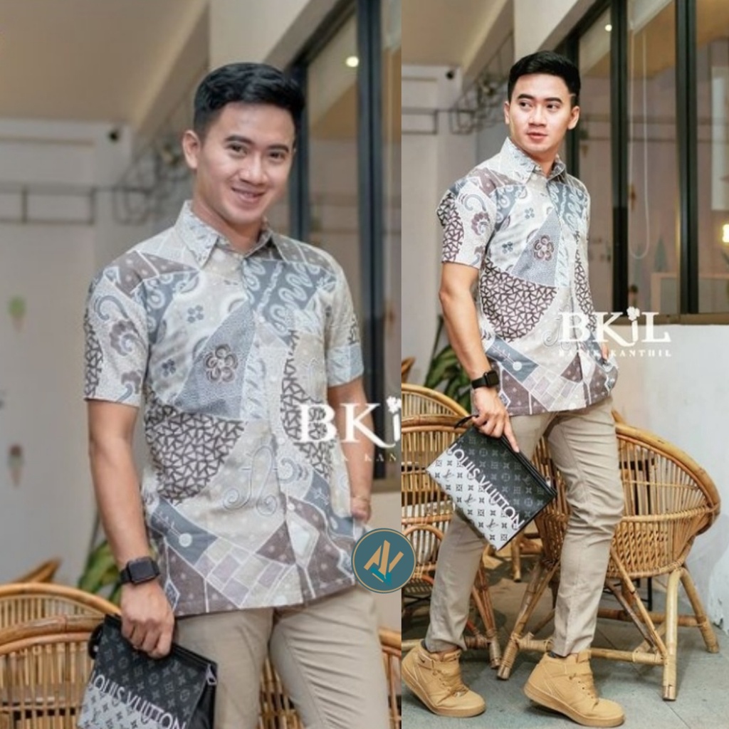 Baju Kemeja Hem Batik Pria Lengan Pendek Seragam Kondangan Kantor Modern Kekinian M L XL XXL Crem