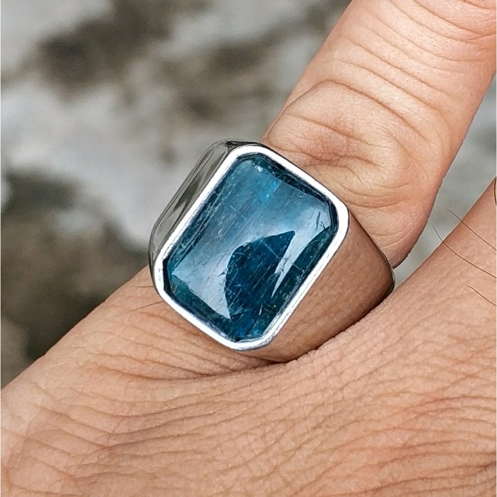 CINCIN BATU PERMATA NATURAL BLUE APATITE OCTAGON MINIMALIS FREE MEMO