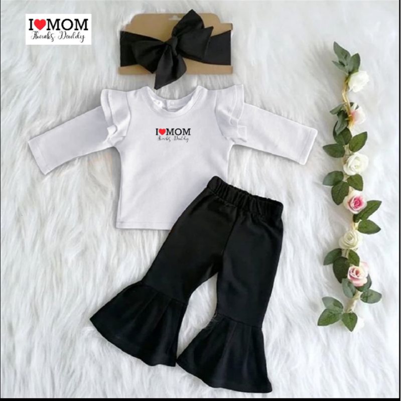 Stelan Kaos Anak Perempuan Atasan Lengan Panjang Variasi Kerutan Sablon I ❤️ MOM Celana Cutbray 1-8 Tahun Matt Babyterry/Set Lala Kids