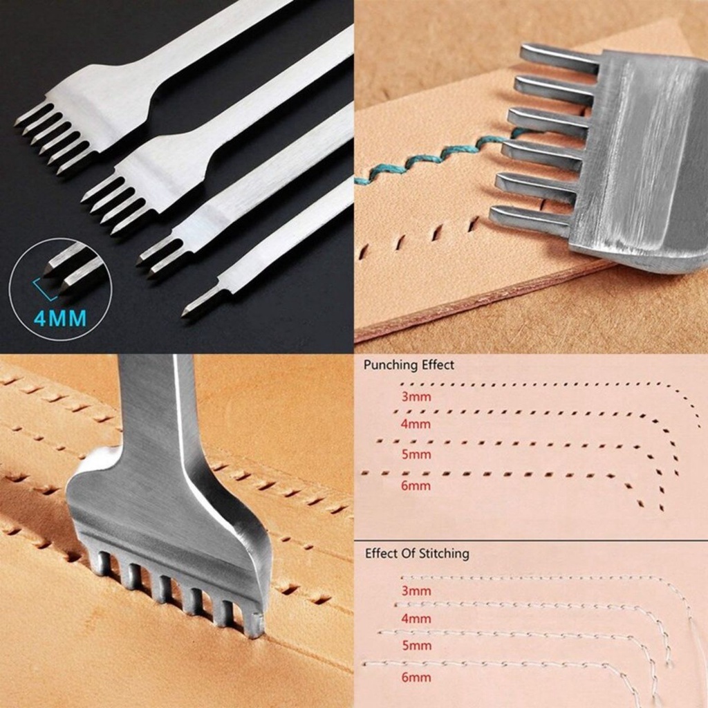 4pcs Leathercraft Hole Punches Alat Diy Kulit 4mm Punches Stitching Tool 1 2 4 6 Plong Pelubang Pembolong