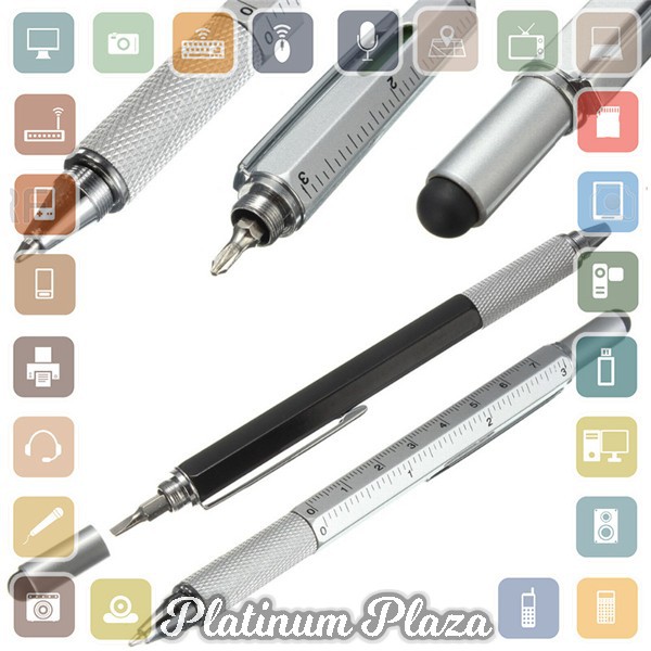 Pena Multifungsi Plastik Stylus + Penggaris + Level + Obeng - Silver`90S0Y6-