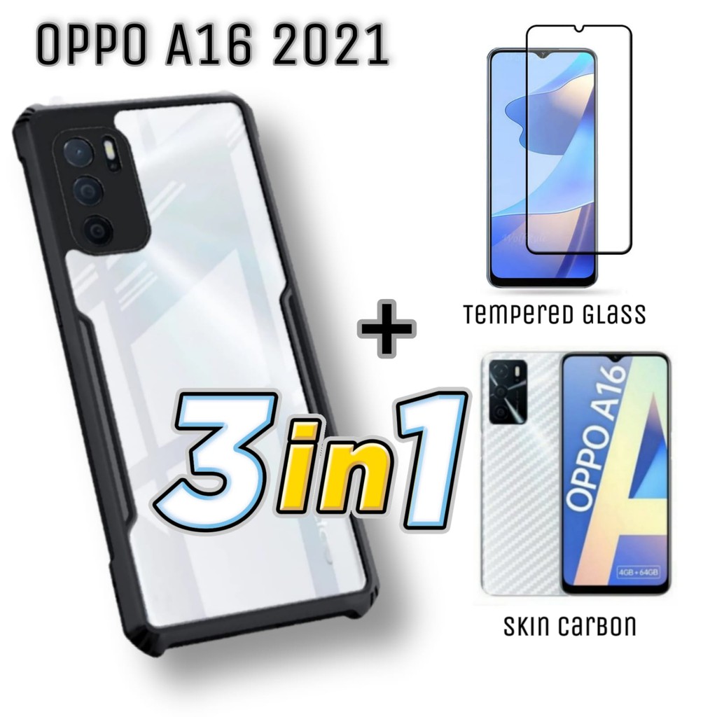 Case OPPO A16 Paket 3in1 Hard Case Fusion Free Tempered Glass Layar dan Garskin