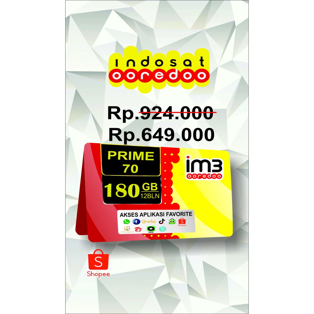 INDOSAT OOREDOO Pascabayar, PRIME 70, 180GB + 60000 Mnt + 120 Mnt 12 Bln