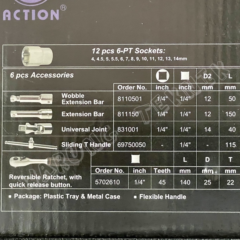 ACTION 5011801 1/4&quot; DR 6PT 18 PCS SOCKET SET 4 - 13 MM MADE IN TAIWAN