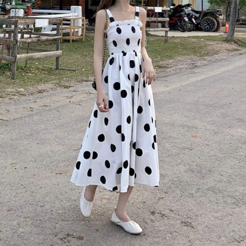 MDLV ~ 1570# Polkadot Smocked Flare Dress Long Dress Polkadot Dress Korea Dress Premium Import Fashion Import