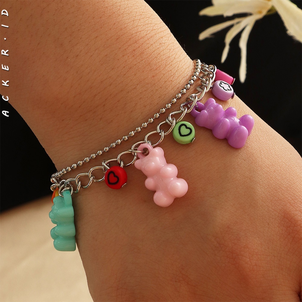 [ACKER] Mode Cute Resin Jelly Beruang Kekanak-kanakan Gelang Manik-manik Hati Berwarna-warni Untuk Wanita