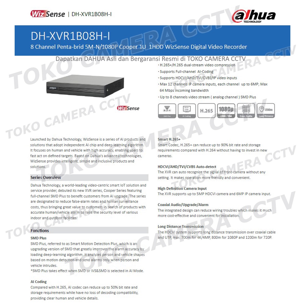 DVR DAHUA 8 CHANNEL DH-XVR1B08H-I 5MP XVR 1B08H I DVR 8CH DAHUA