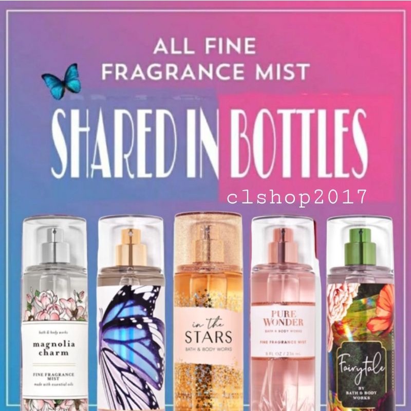 BBW MIST SHARE IN BOTTLE 20 - 25 ML PART 1/6 IN THE STARS ITS MARSHMALLOW PUMPKIN LATTE DARK KISS CHERRY BLOSSOM PEAR CREME BRULEE CANDIED VIOLET SORBET ALMOND BLOSSOM COTTON CANDY CHAMPAGNE HONEY WILDFLOWER ENDLESS WEEKEND BUBBLY ROSE YOU'RE THE ONE YTO