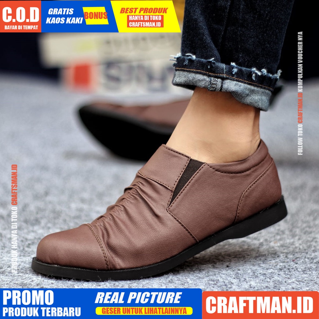 CRAFTS Sepatu Slip On Pria Sepatu Casual Pria Sepatu Pria Casual Kulit Pu Cowo/Cowok Ori Sepatu Kasual Santai Gaya Keren Kekinian Murah Terlaris