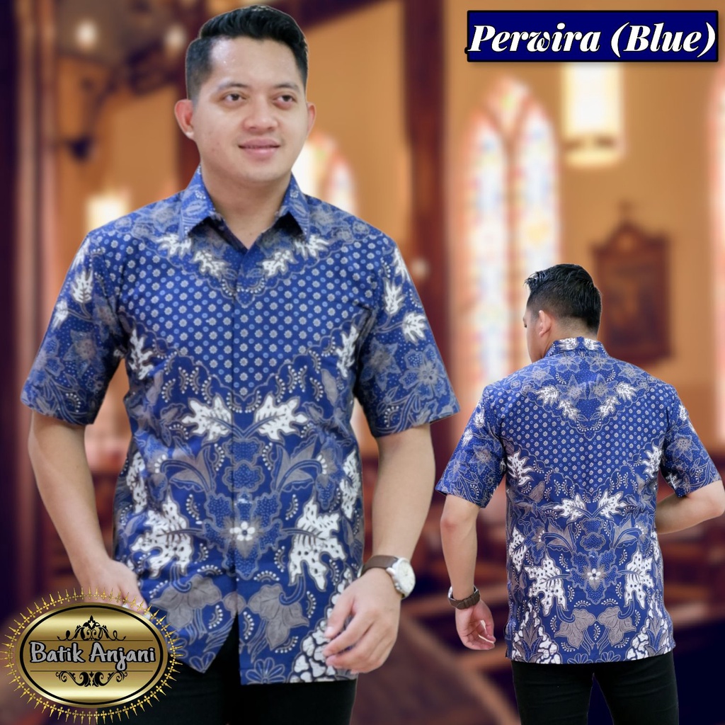 PERWIRA BLUE Baju Kemeja Batik Pria Solo Premium Modern Lengan Panjang Pendek Perwira biru navy Katun FULL FURING Batik Asli Solo Premium Quality Motif Biru Navy - HEM batik kondang pria premium warna biru navy benhur