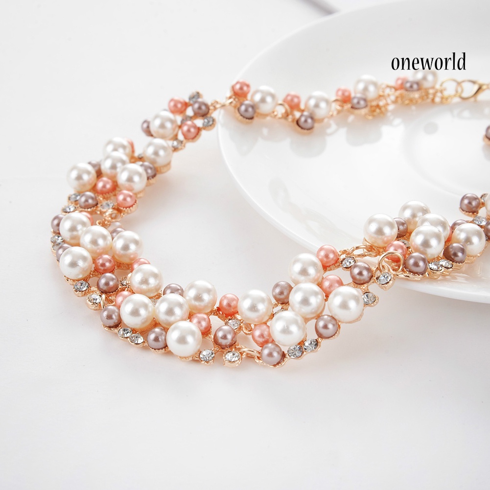 OW@ 2Pcs Women Fashion Faux Pearl Rhinestone Inlaid Necklace Earrings Jewelry Set