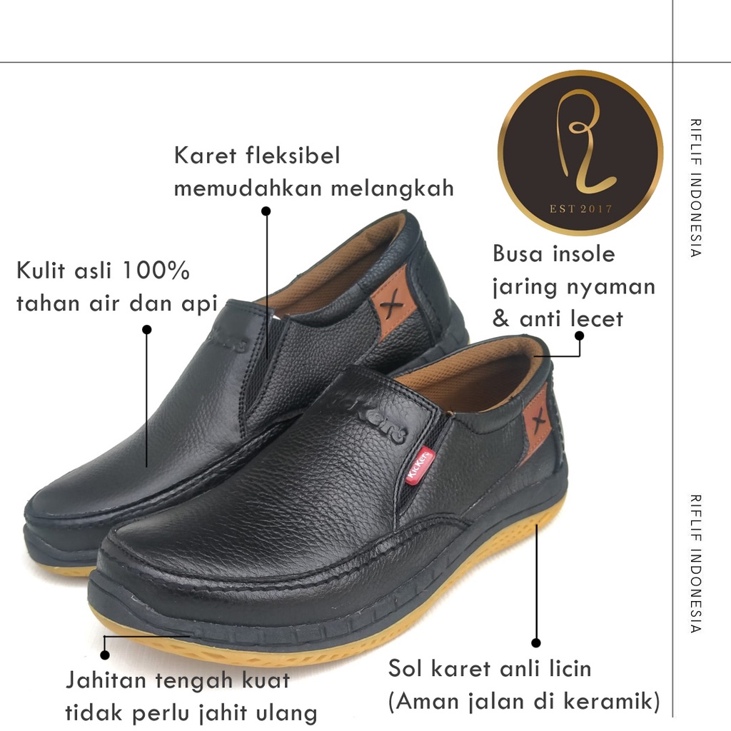 Sepatu Kickers / Sepatu Kulit Pria Slip On Selop Bahan Kulit Asli 100% Murah Keren dan Elegan / Sepatu Casual Cowok Laki-laki  Sol Karet untuk Jalan-Jalan Santai Traveling dan Kerja Lapangan