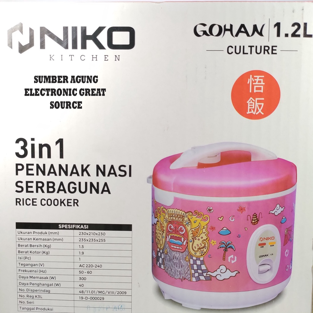 Niko Gohan Rice Cooker Culture 1.2L Pink Jambon Penanank Nasi 3in1