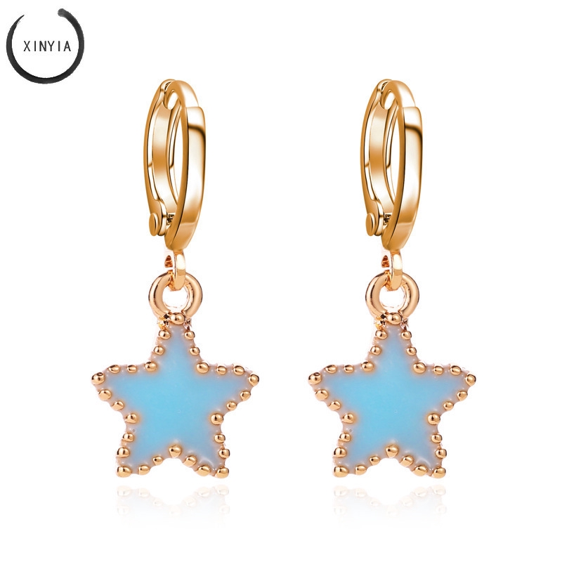 Korea Biru Anting-anting Pentagram Manis Temperamen Geometri Biru