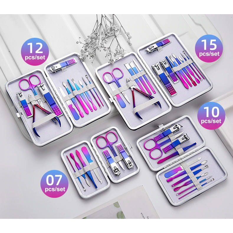 Set Gunting Kuku Manicure Set Pedicure 15 in 1 Premium Rainbow Nail Art Ketokan Kuku Nail Clipper
