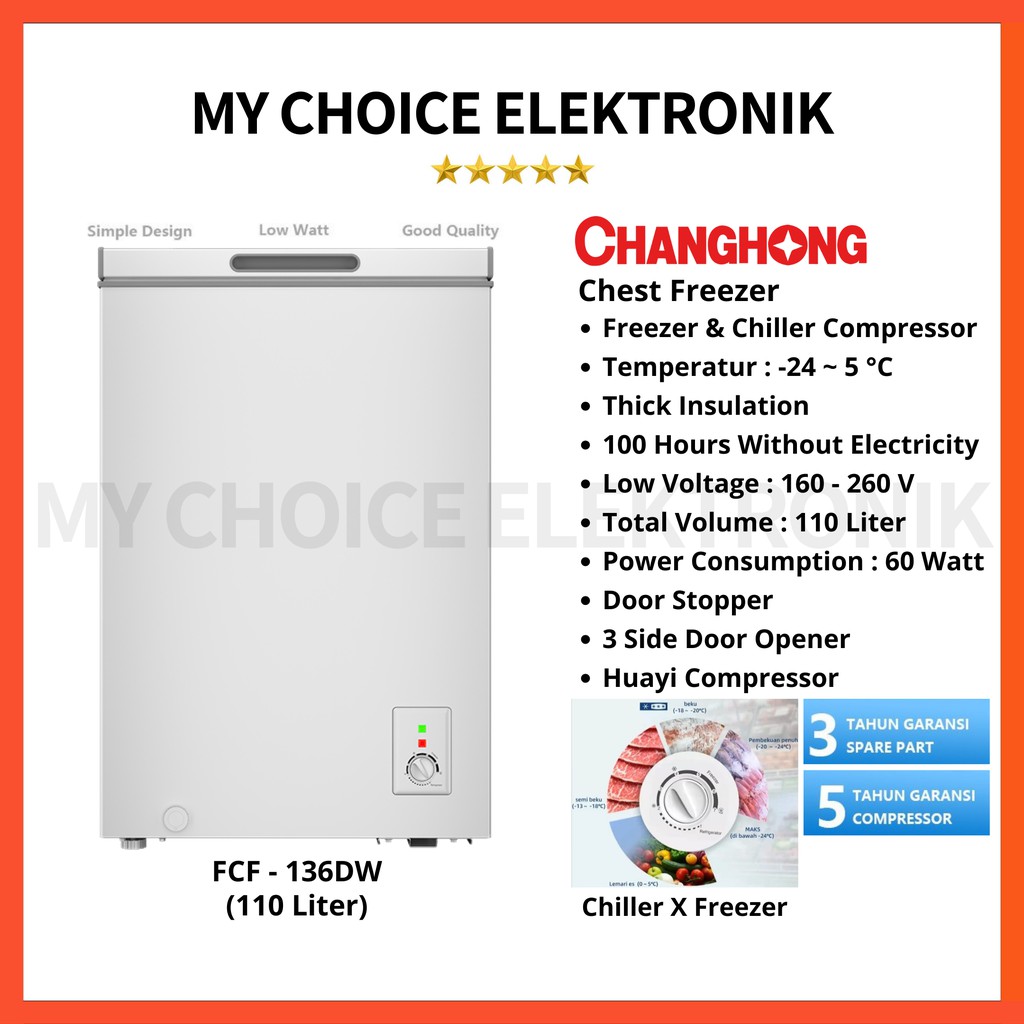 Changhong Chest Freezer FCF-136DW (110 Liter) / FCF 136 DW. Irit Listrik 60 Watt