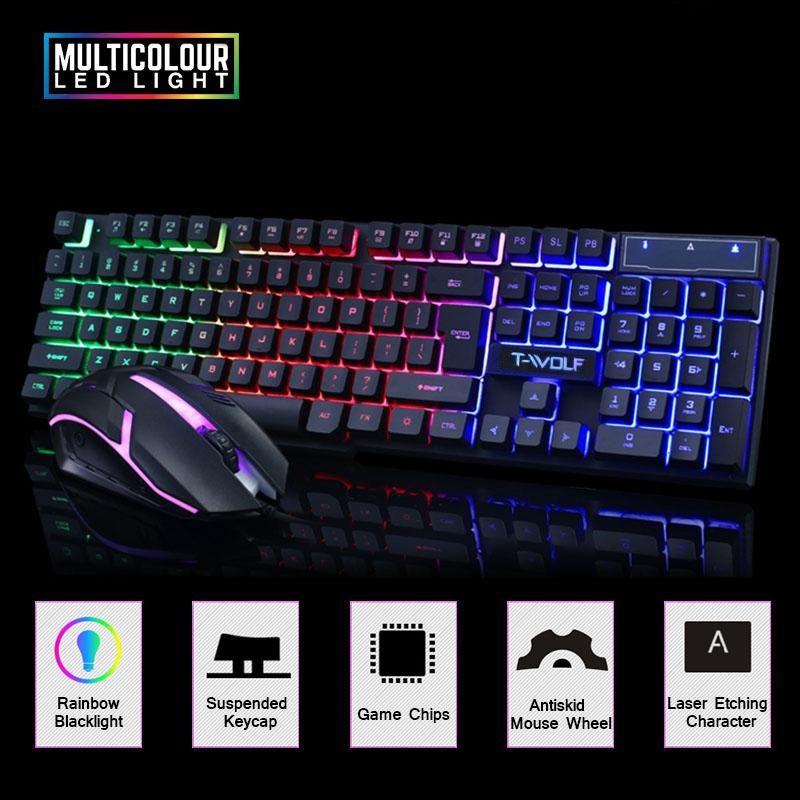 T-WOLF TF230 Rainbow LED Gaming Keyboard And Mouse Combo Bundle