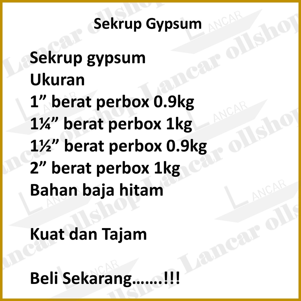 Sekrup Gypsum ukuran 1 | 1 1/4 | 1 1/2 | 2