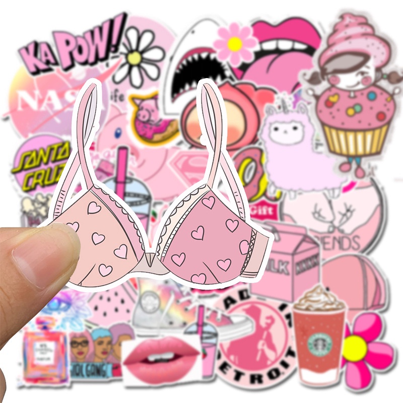 50pcs Kawaii Pink Wanita Perempuan PVC Stiker Perekat Diri Untuk Koper Skateboard Laptop Kulkas