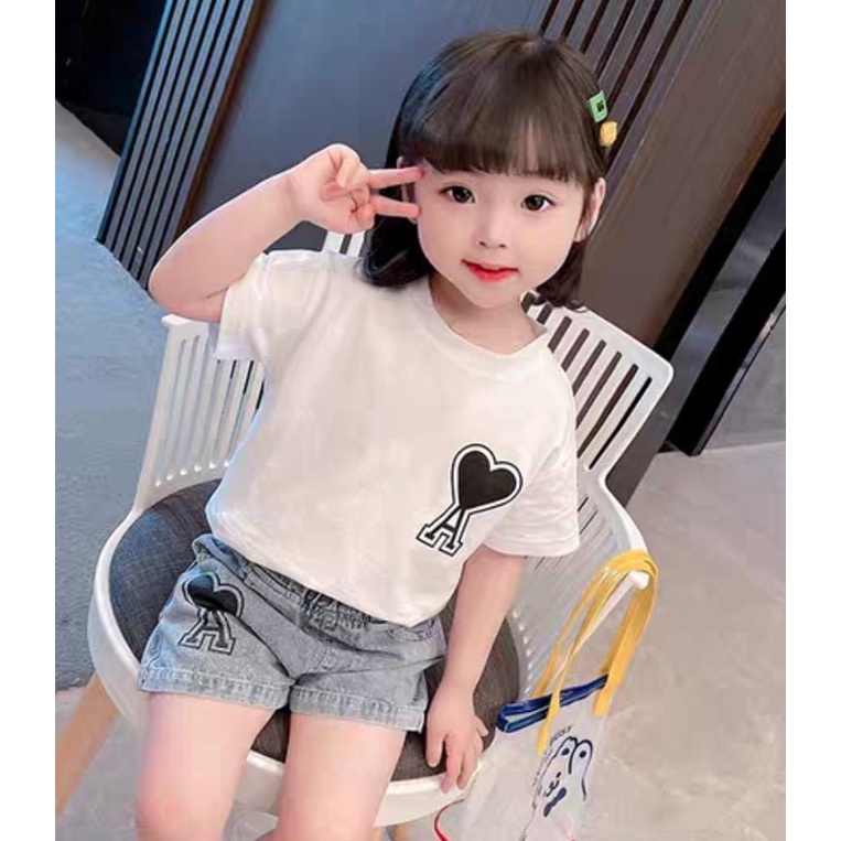 Promo !! Setelan kaos anak perempuan / Setelan anak celana pendek / Setelan heart alphabet ciss ukuran 1- 5 tahun