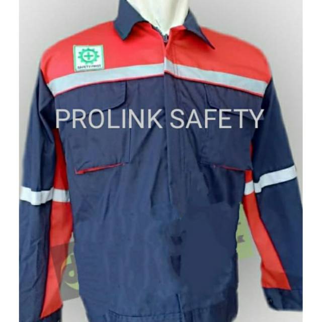 SERAGAM BAJU SAFETY DONGKER KOMBINASI MERAH BARU RESLETING KAIN DRILL