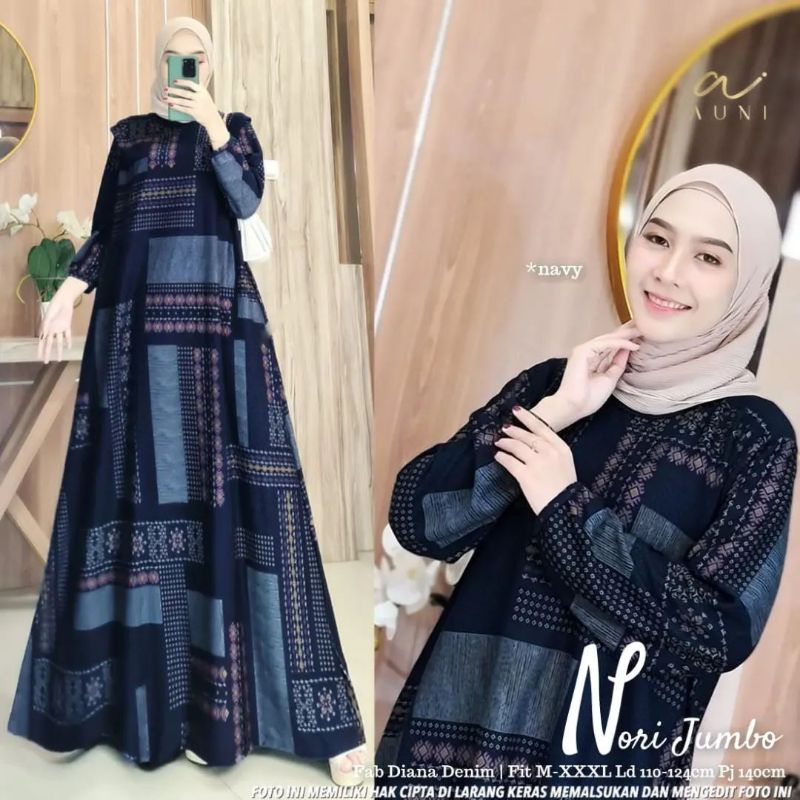 NORI JUMBO GAMIS HARIAN JUMBO DIANA DENIM LD 120+ XXL XXXXL GAMIS MUSLIM BAHAN KAOS DIANA DENIM ADEM