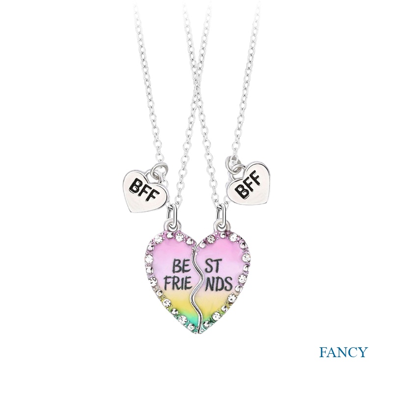 2pcs / Set Kalung Rantai Liontin Hati Motif Tulisan Best Friends Aksen Berlian Imitasi Untuk Wanita