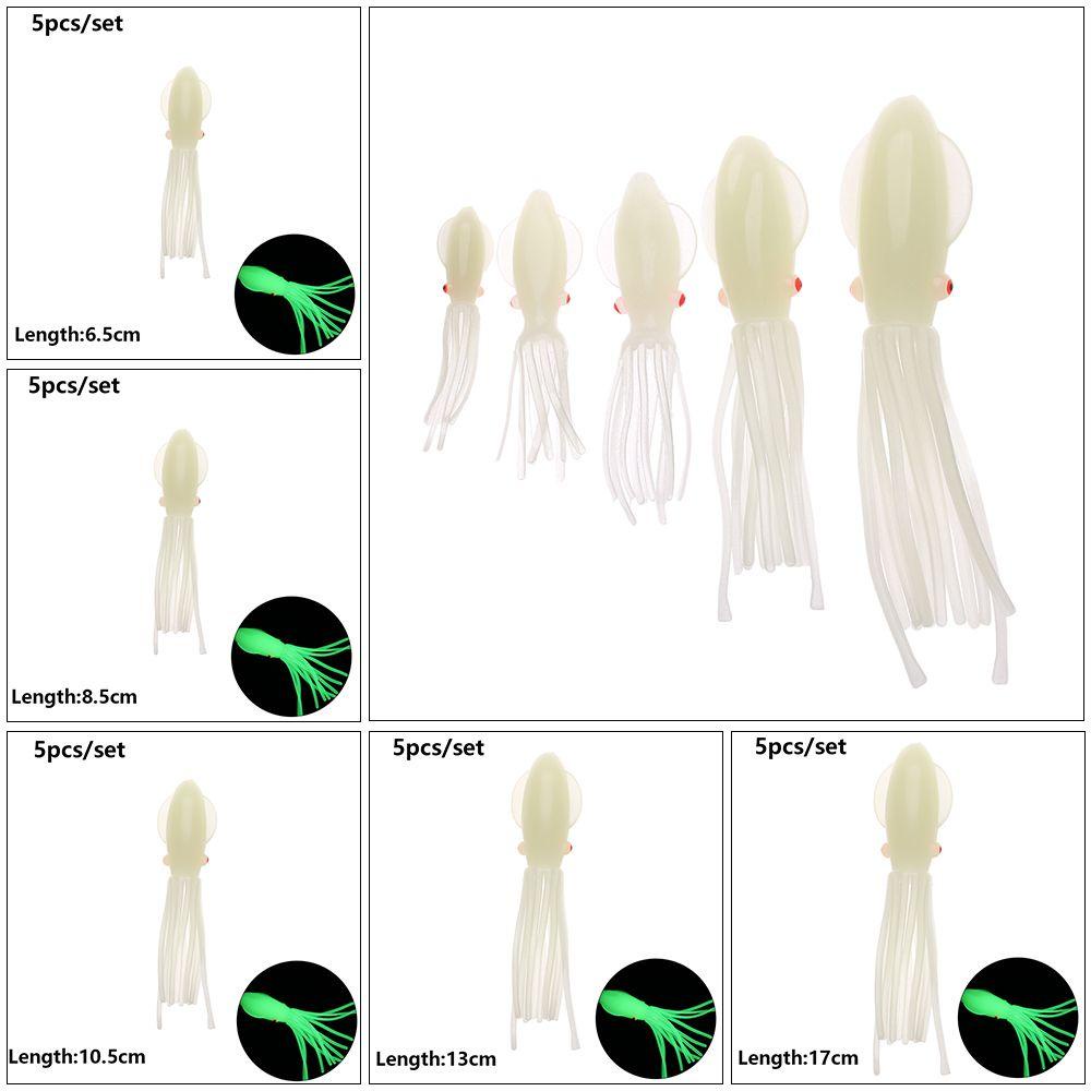 TOP 5pcs /set Umpan Gurita Air Asin Tahan Lama Portabel Silikon Lembut Glow Ekor Panjang
