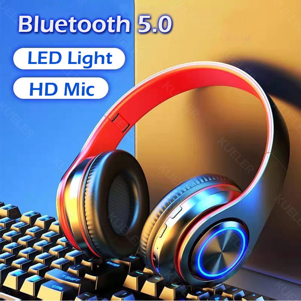 Lampu LED Warna-warni B39 Headset Bluetooth HiFi Stereo Headphone Bluetooth dengan Mikrofon Mendukung Panggilan HD Kartu SD AUX Earphone Bluetooth