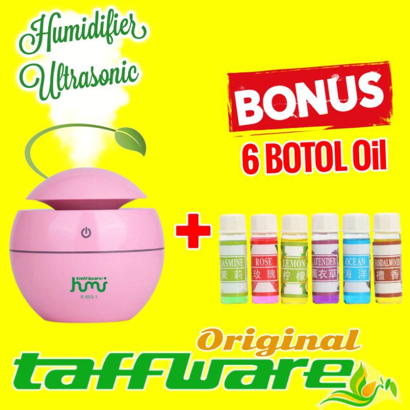 Air Humidifier Diffuser Aromatherapy Aromaterapi Disfuser Taffware Pelembab Pewangi Ruangan 130ml-Pink + 6 Oil