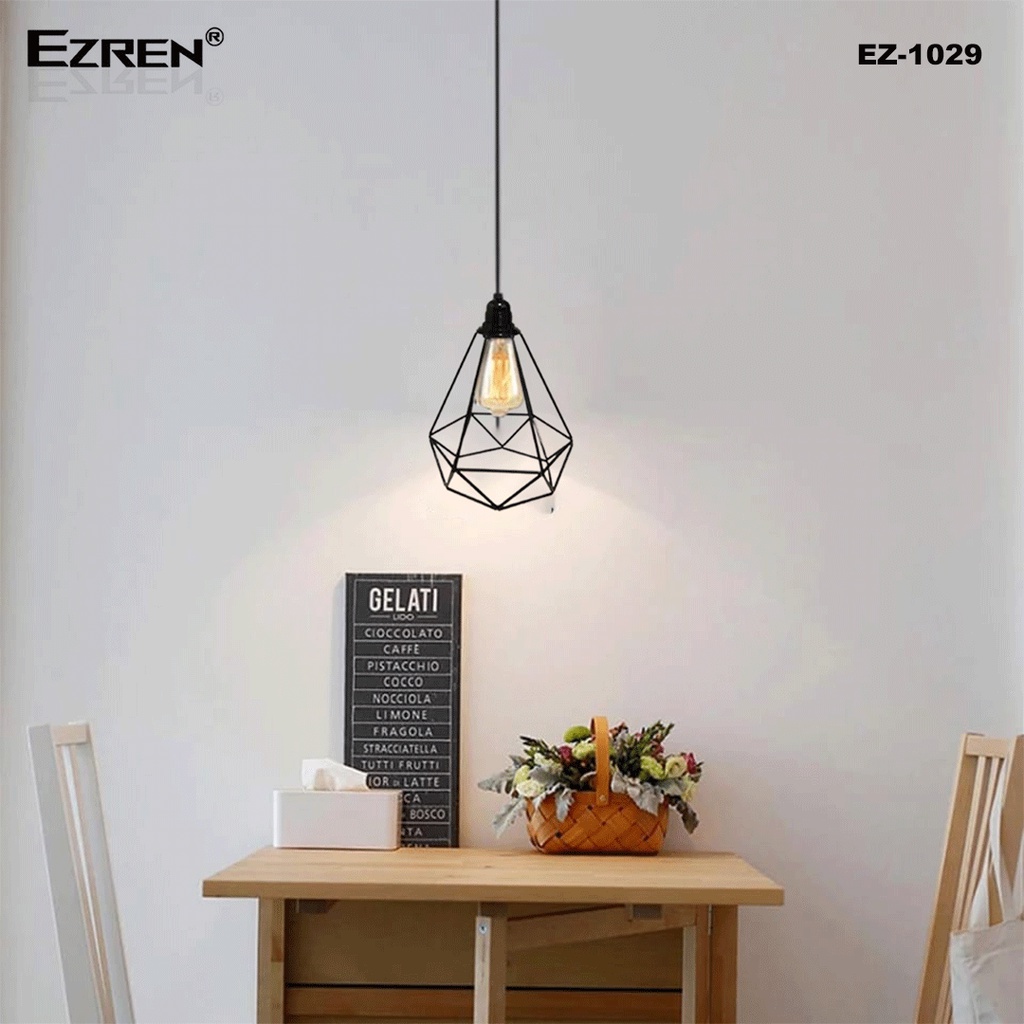 Ezren EZ-1029 Lampu Gantungan Diamond Kandang Loteng Retro Besi Hitam