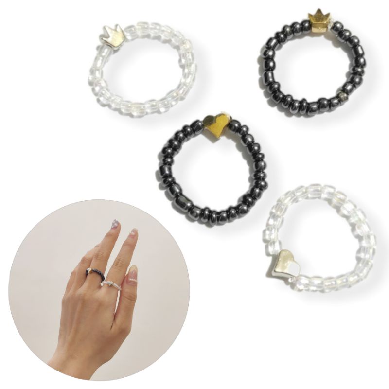 Cincin Aesthetic Beads Love Tiara Crown Elastic Ring Elastis Hati Mahkota