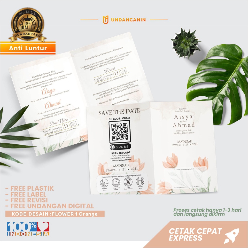 Undangan Pernikahan / Khitanan Anti Air dan Anti Luntur Custom Cetak Bolak Balik Murah Berkulitas Da