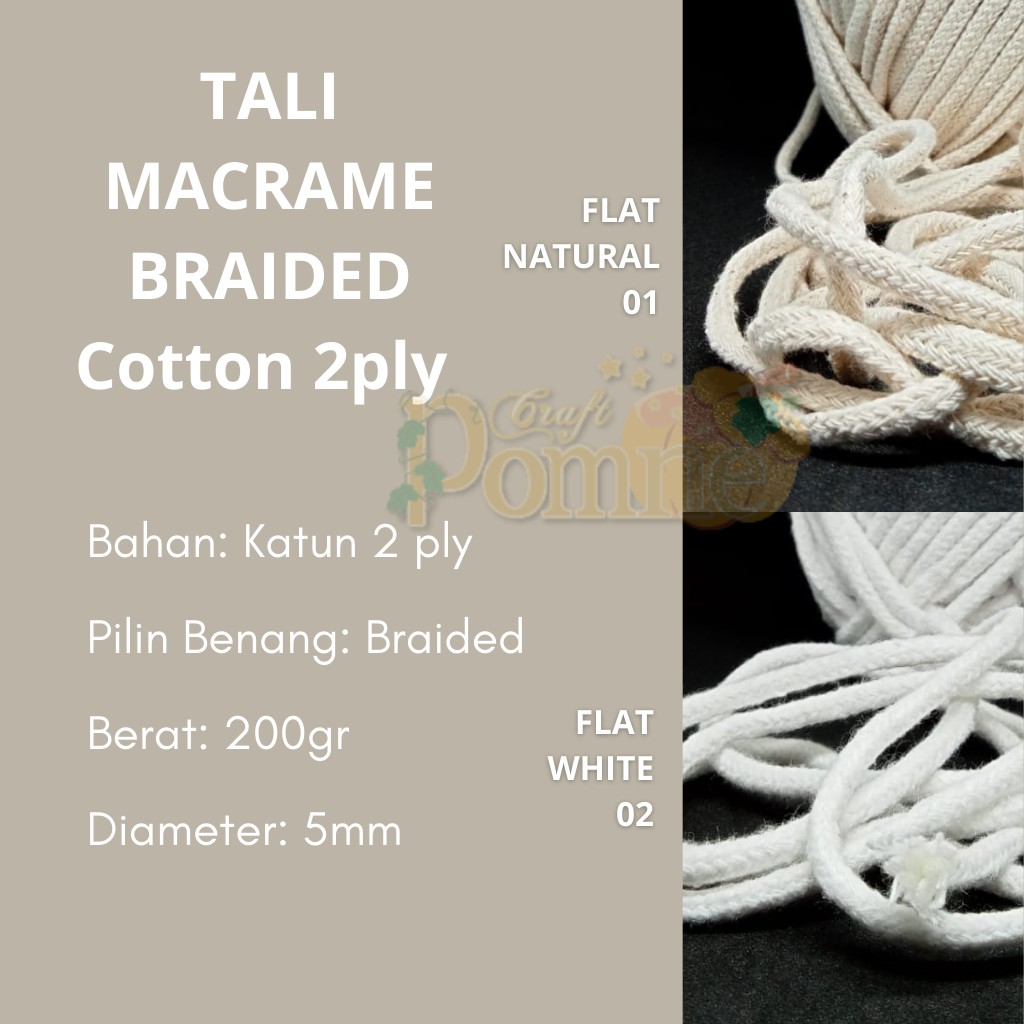 Tali Macrame Braided Katun 2 Ply Flat 5mm 200gr