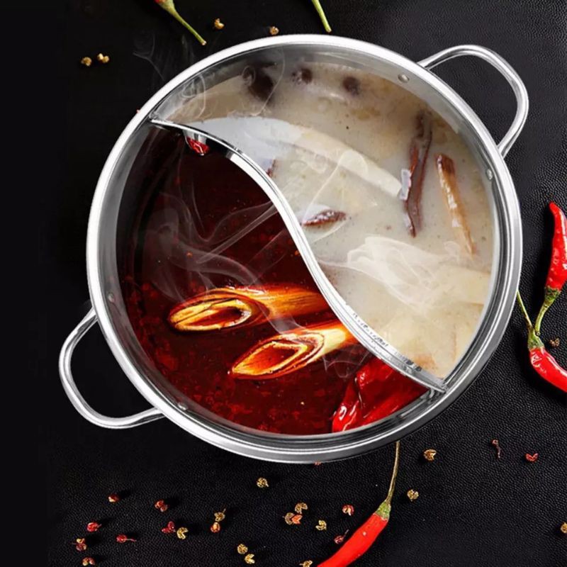 Panci Shabu 2in1 Tutup Kaca Panci Suki Pan Hotpot Steamboat Sabu Kuah 2 Sekat Stainless Steel 28cm 1