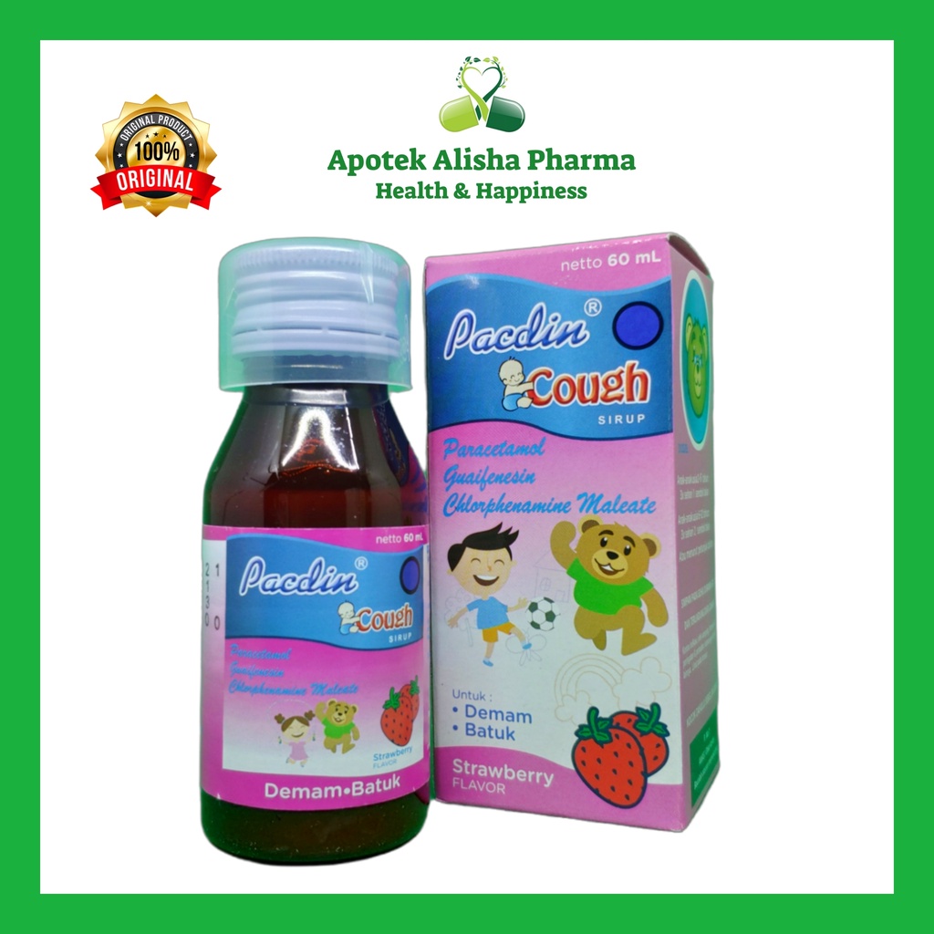 Pacdin Cough Sirup 60ml-Obat Batuk/Flu/Pilek/Panas/Demam Anak/Pacdin Kuning/Jeruk/Pink/Strawberry Syrup